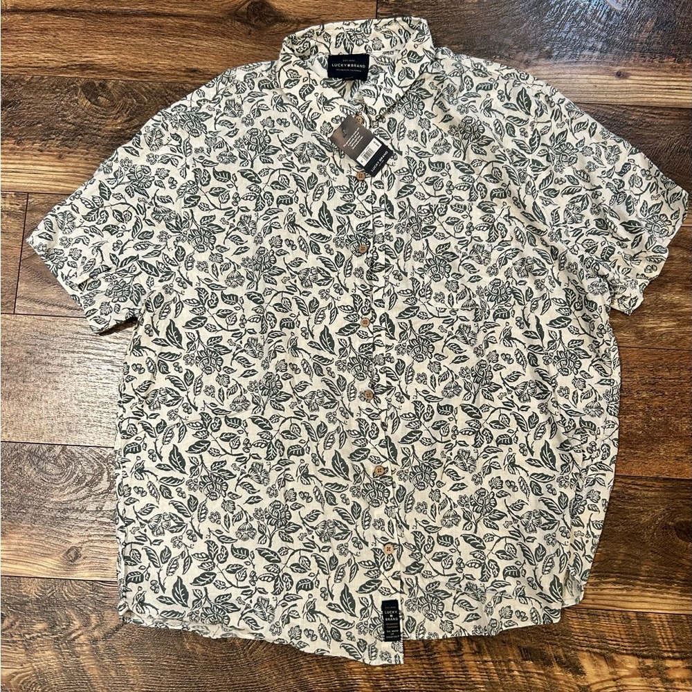 Lucky Brand Printed Short Sleeve Linen Blend Button-Up Shirt
